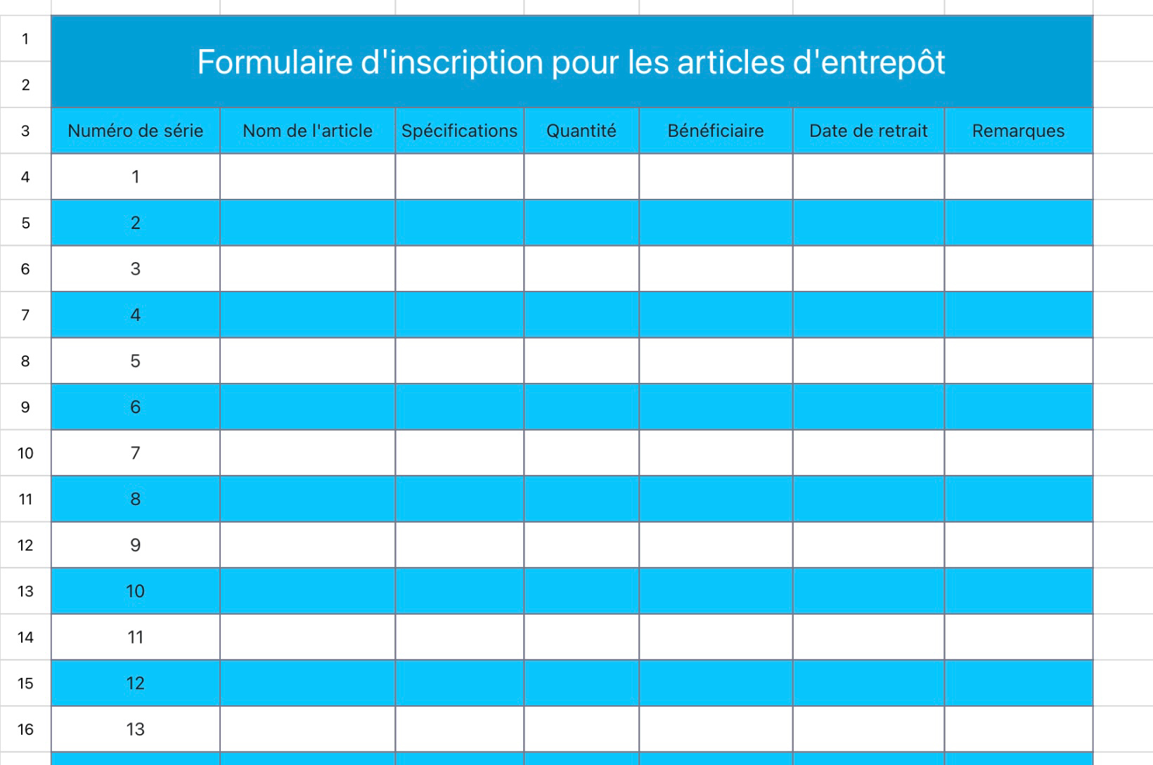 Formulaire d'inscription pour les articles d'entrepôt